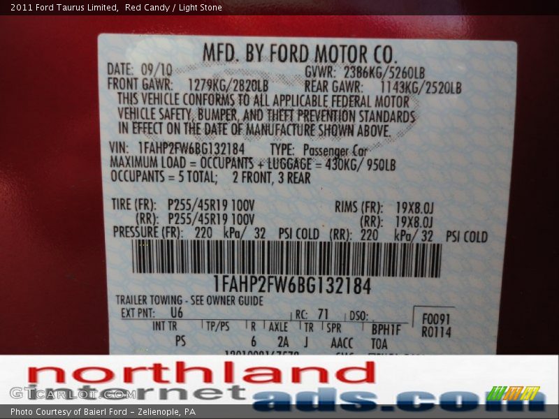Red Candy / Light Stone 2011 Ford Taurus Limited