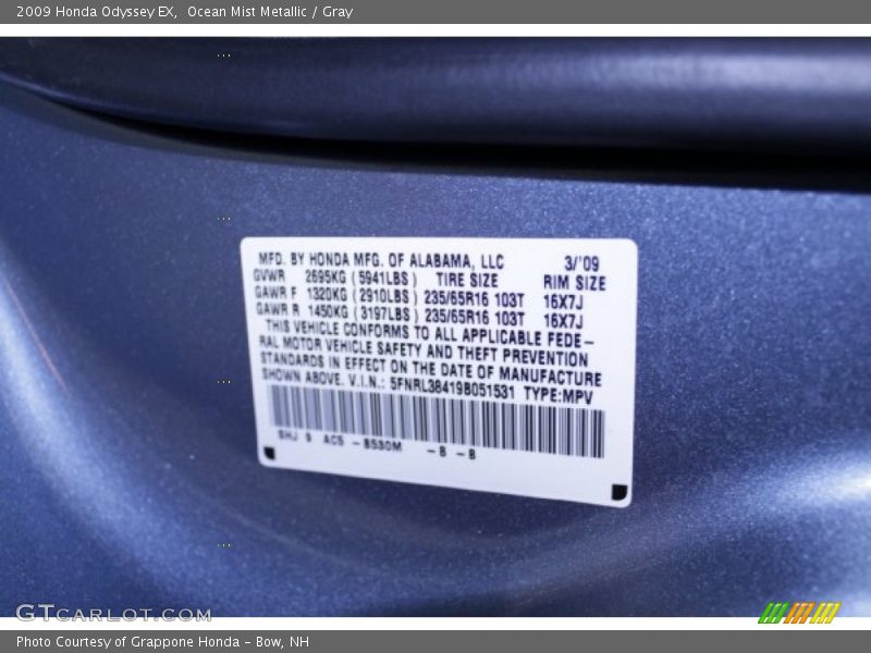 Ocean Mist Metallic / Gray 2009 Honda Odyssey EX