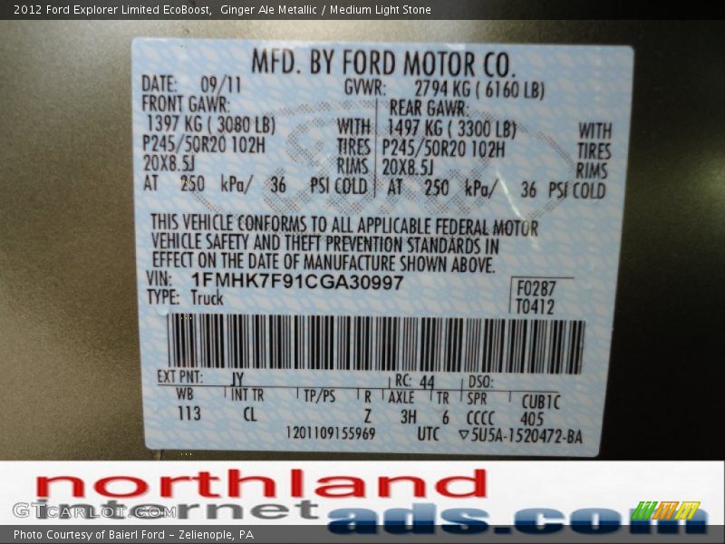Ginger Ale Metallic / Medium Light Stone 2012 Ford Explorer Limited EcoBoost