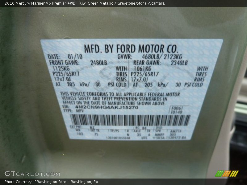 Kiwi Green Metallic / Greystone/Stone Alcantara 2010 Mercury Mariner V6 Premier 4WD