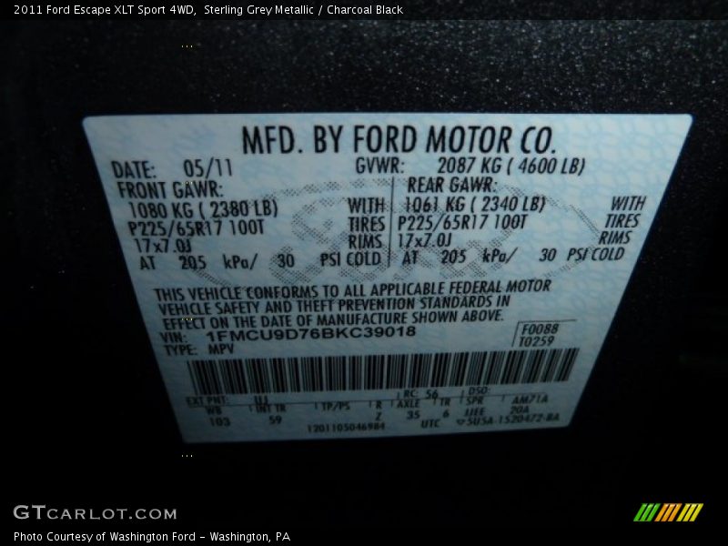 Sterling Grey Metallic / Charcoal Black 2011 Ford Escape XLT Sport 4WD