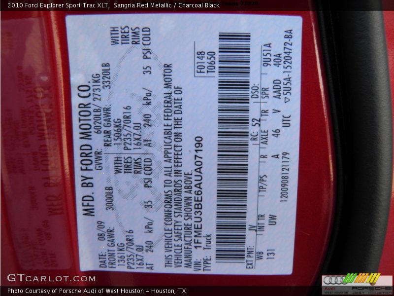 Sangria Red Metallic / Charcoal Black 2010 Ford Explorer Sport Trac XLT