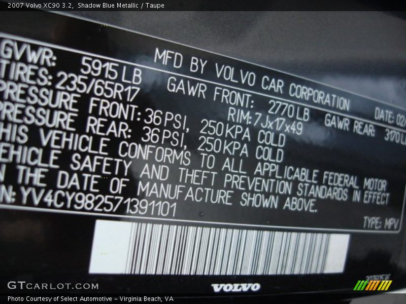 Shadow Blue Metallic / Taupe 2007 Volvo XC90 3.2