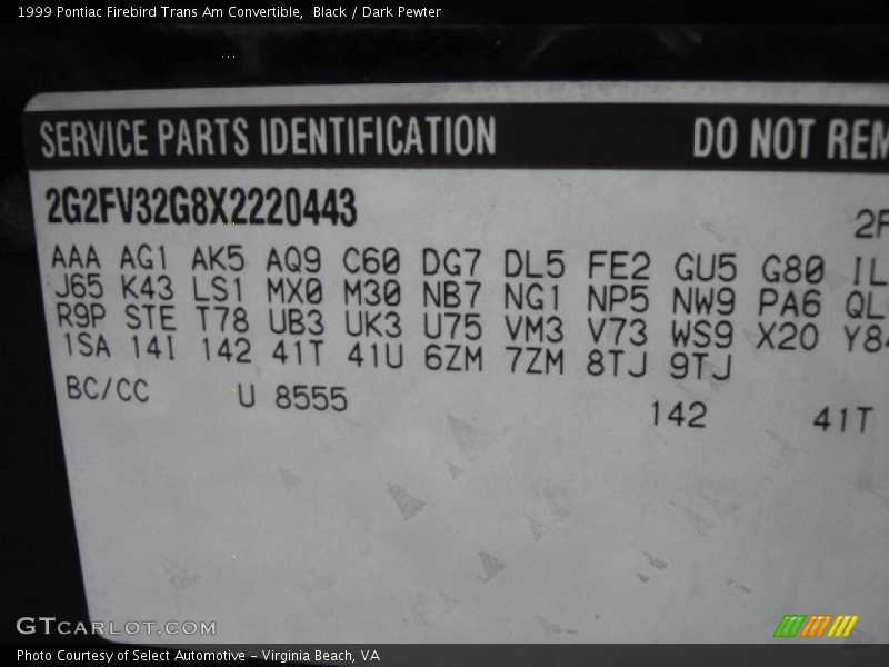 Info Tag of 1999 Firebird Trans Am Convertible