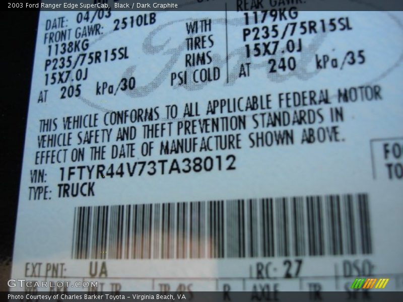Black / Dark Graphite 2003 Ford Ranger Edge SuperCab