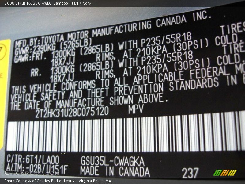 Bamboo Pearl / Ivory 2008 Lexus RX 350 AWD
