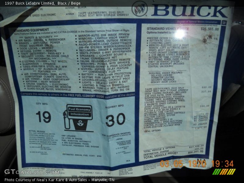  1997 LeSabre Limited Window Sticker