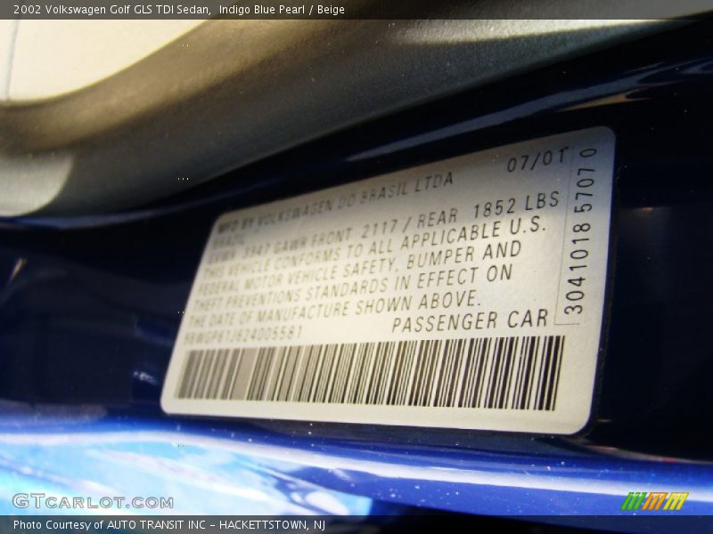 Indigo Blue Pearl / Beige 2002 Volkswagen Golf GLS TDI Sedan