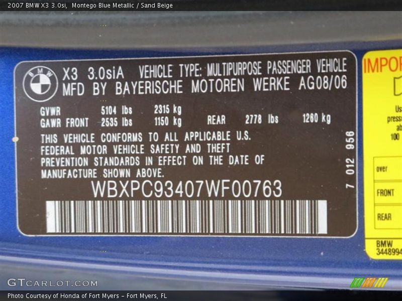 Montego Blue Metallic / Sand Beige 2007 BMW X3 3.0si