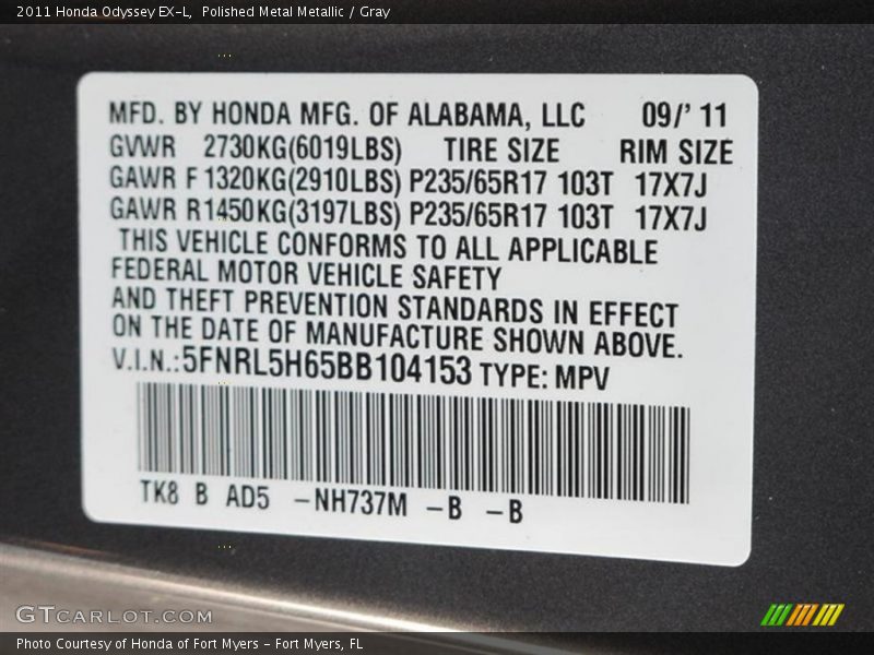 Polished Metal Metallic / Gray 2011 Honda Odyssey EX-L