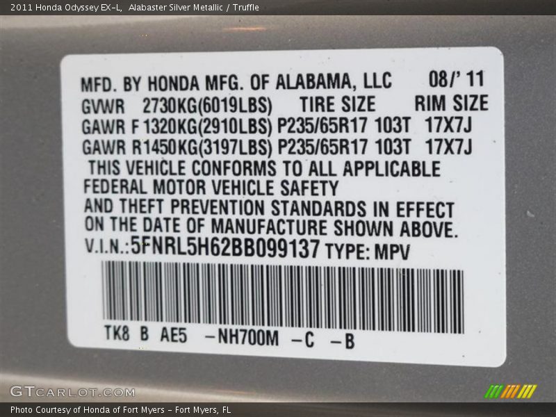 Alabaster Silver Metallic / Truffle 2011 Honda Odyssey EX-L