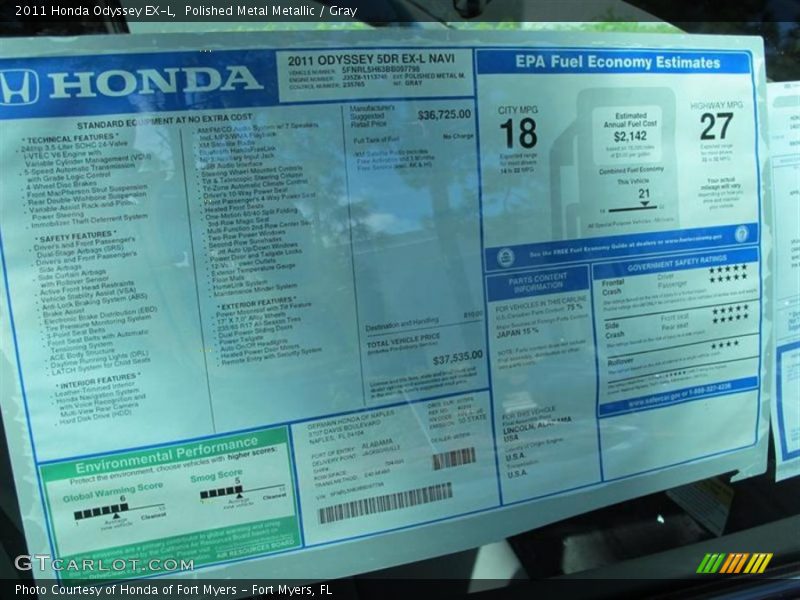 Polished Metal Metallic / Gray 2011 Honda Odyssey EX-L