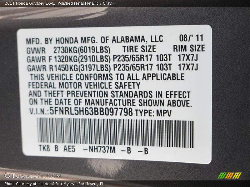 Polished Metal Metallic / Gray 2011 Honda Odyssey EX-L