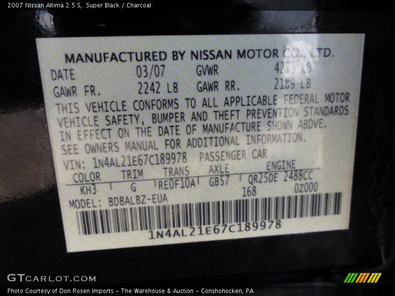 Super Black / Charcoal 2007 Nissan Altima 2.5 S