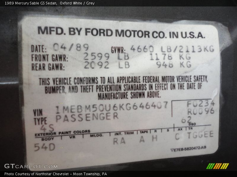 Oxford White / Grey 1989 Mercury Sable GS Sedan