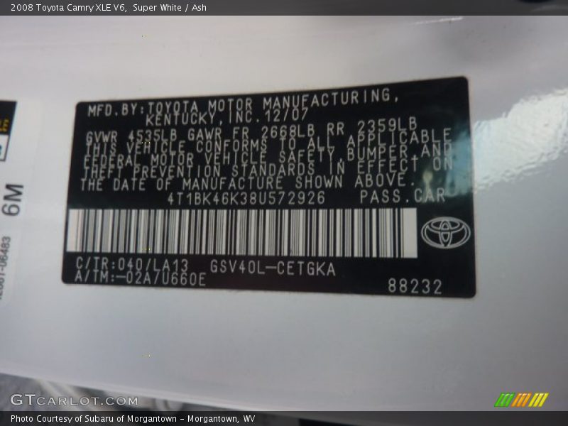 Super White / Ash 2008 Toyota Camry XLE V6