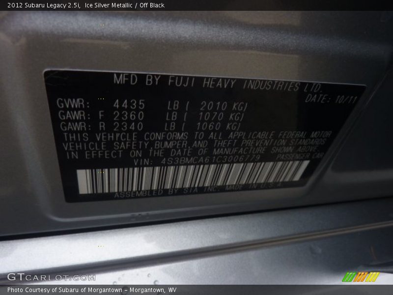 Ice Silver Metallic / Off Black 2012 Subaru Legacy 2.5i