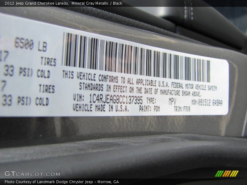 Mineral Gray Metallic / Black 2012 Jeep Grand Cherokee Laredo