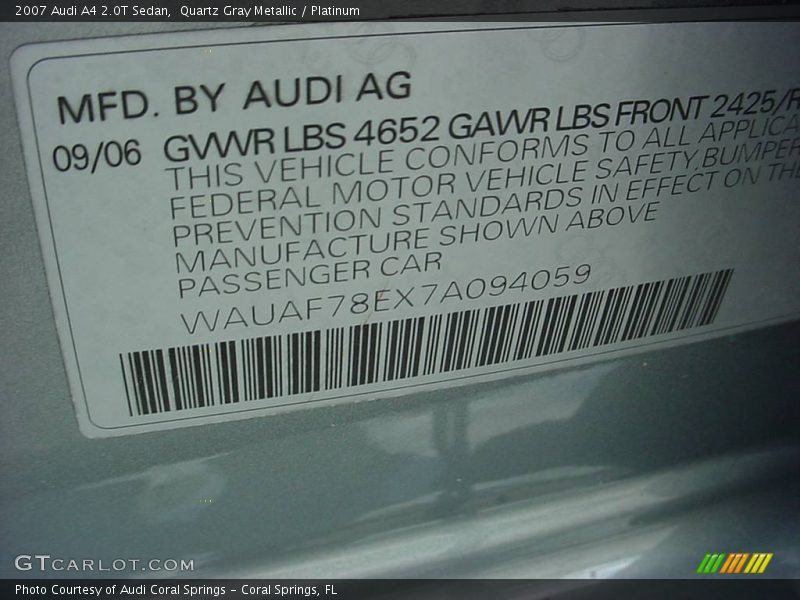 Quartz Gray Metallic / Platinum 2007 Audi A4 2.0T Sedan