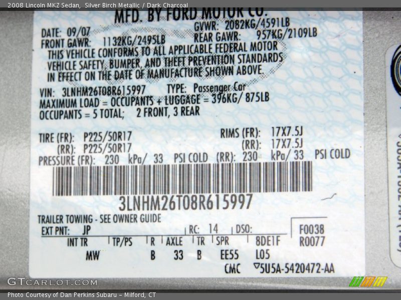 Silver Birch Metallic / Dark Charcoal 2008 Lincoln MKZ Sedan