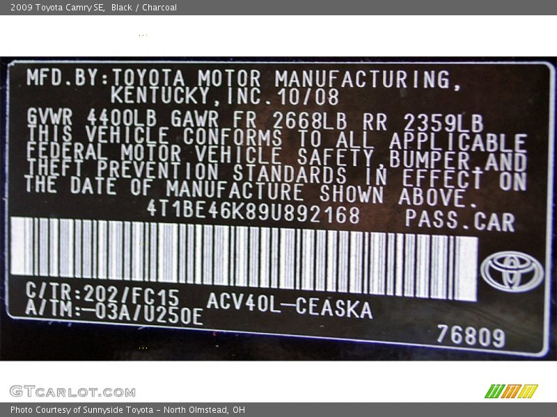 Black / Charcoal 2009 Toyota Camry SE