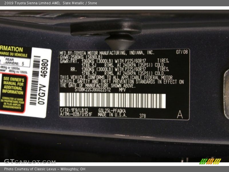 2009 Sienna Limited AWD Slate Metallic Color Code 1F9