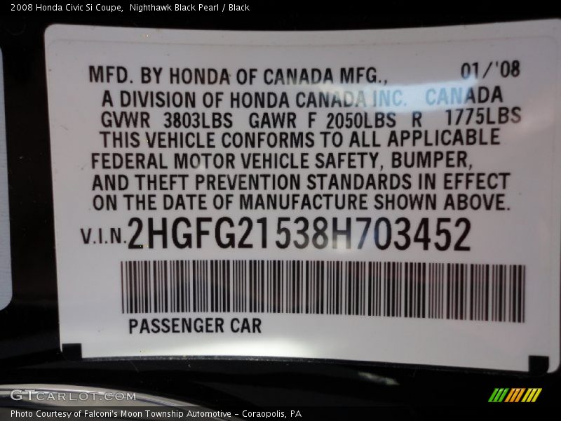 Nighthawk Black Pearl / Black 2008 Honda Civic Si Coupe