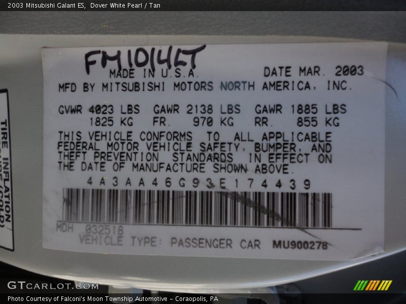 Dover White Pearl / Tan 2003 Mitsubishi Galant ES