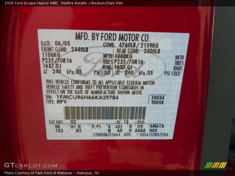 Redfire Metallic / Medium/Dark Flint 2006 Ford Escape Hybrid 4WD