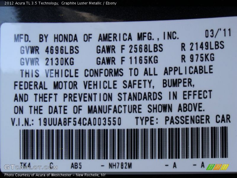 2012 TL 3.5 Technology Graphite Luster Metallic Color Code NH782M