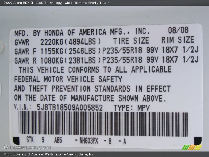 White Diamond Pearl / Taupe 2009 Acura RDX SH-AWD Technology