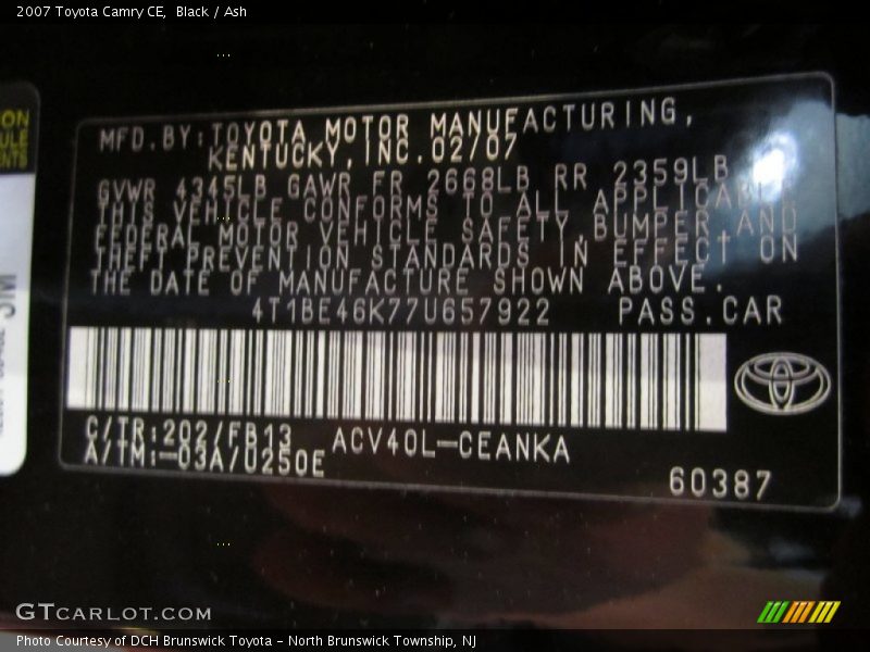Black / Ash 2007 Toyota Camry CE