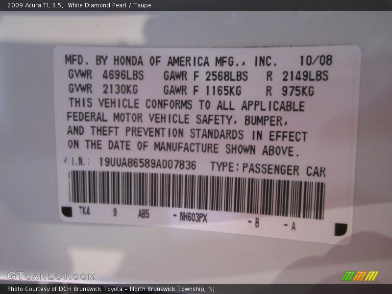 White Diamond Pearl / Taupe 2009 Acura TL 3.5