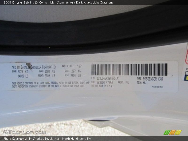 Stone White / Dark Khaki/Light Graystone 2008 Chrysler Sebring LX Convertible