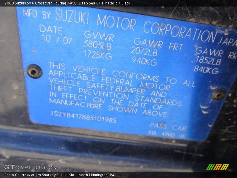 Deep Sea Blue Metallic / Black 2008 Suzuki SX4 Crossover Touring AWD