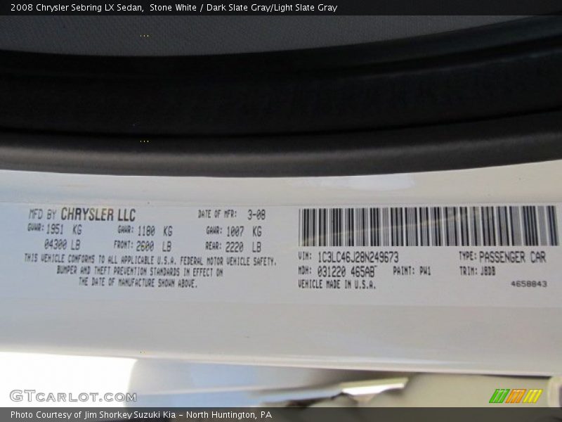 Stone White / Dark Slate Gray/Light Slate Gray 2008 Chrysler Sebring LX Sedan
