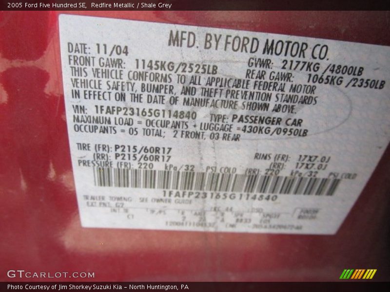 Redfire Metallic / Shale Grey 2005 Ford Five Hundred SE