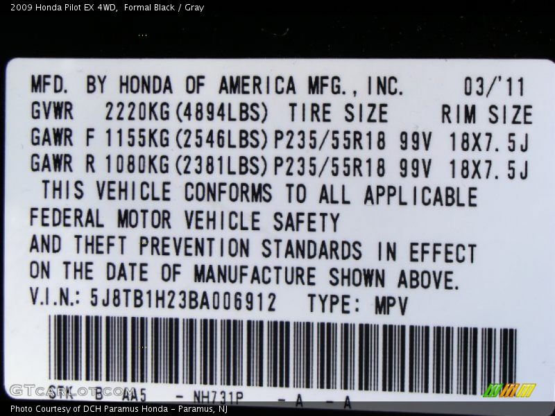 Formal Black / Gray 2009 Honda Pilot EX 4WD