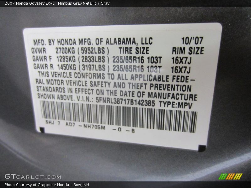 Nimbus Gray Metallic / Gray 2007 Honda Odyssey EX-L