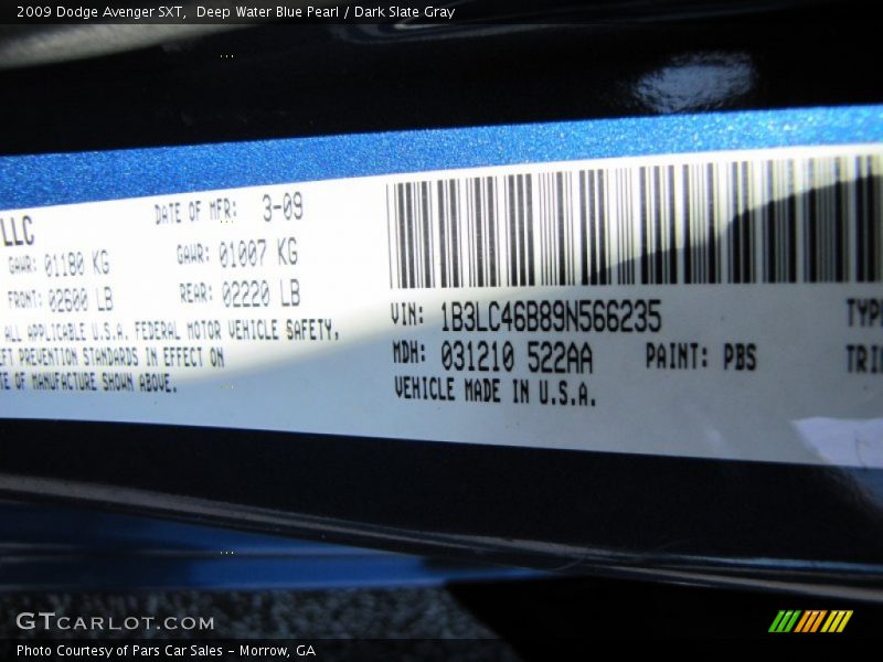 Deep Water Blue Pearl / Dark Slate Gray 2009 Dodge Avenger SXT