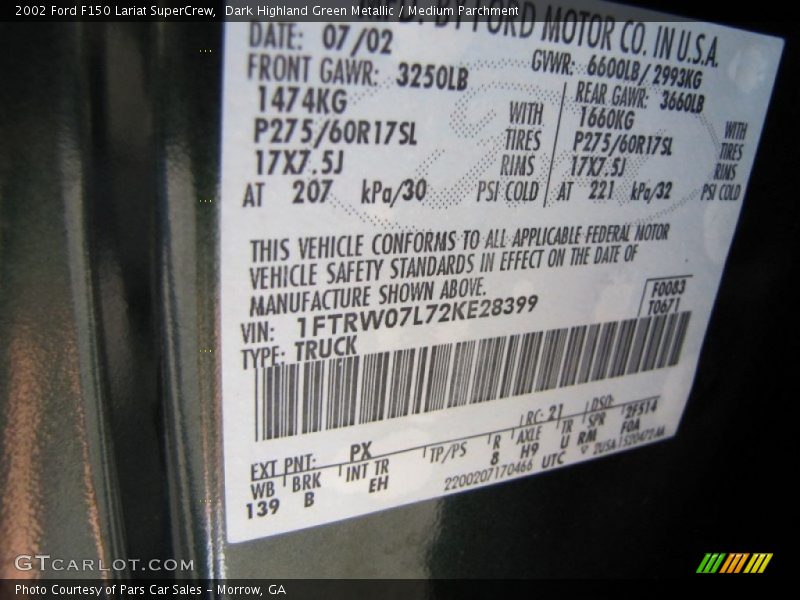 2002 F150 Lariat SuperCrew Dark Highland Green Metallic Color Code PX