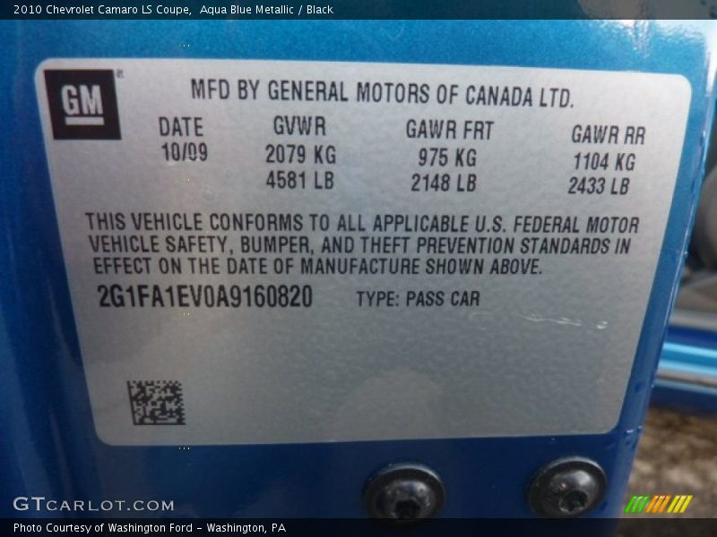 Aqua Blue Metallic / Black 2010 Chevrolet Camaro LS Coupe