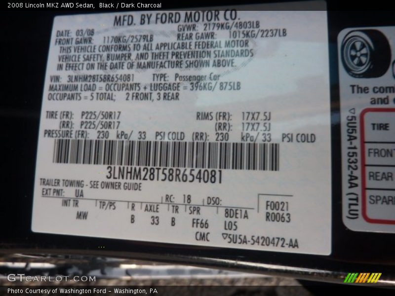 Black / Dark Charcoal 2008 Lincoln MKZ AWD Sedan