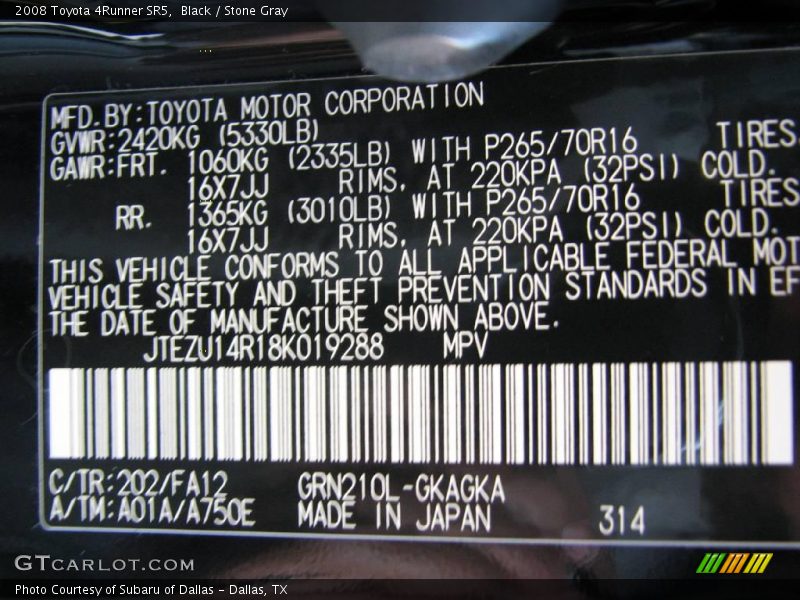 Black / Stone Gray 2008 Toyota 4Runner SR5