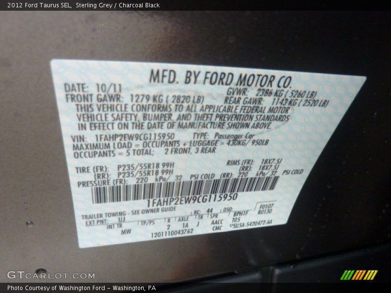 2012 Taurus SEL Sterling Grey Color Code UJ