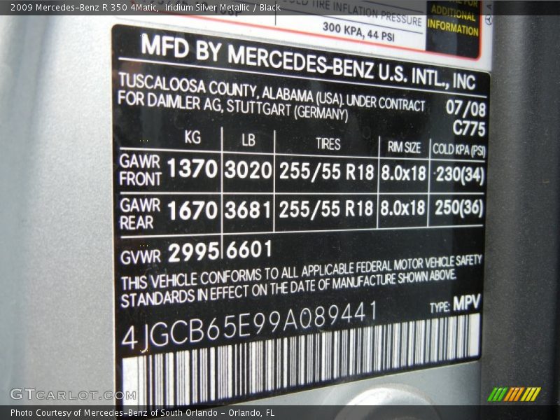 Iridium Silver Metallic / Black 2009 Mercedes-Benz R 350 4Matic
