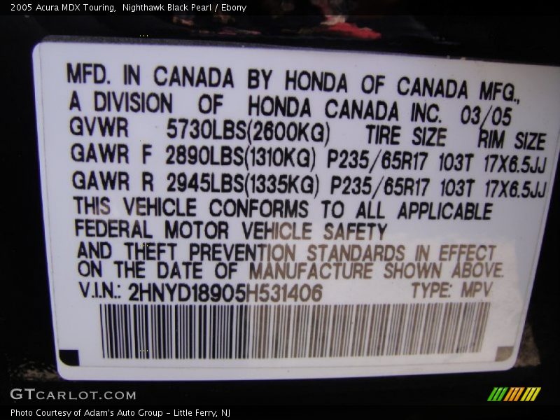 Nighthawk Black Pearl / Ebony 2005 Acura MDX Touring