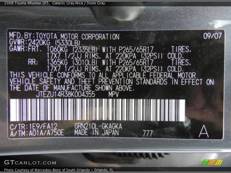 Galactic Gray Mica / Stone Gray 2008 Toyota 4Runner SR5