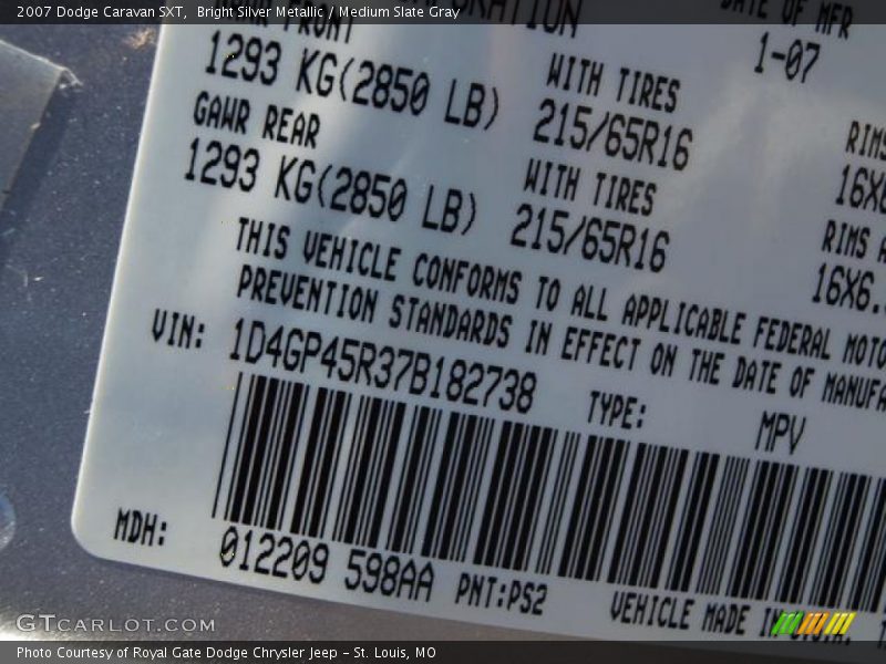 2007 Caravan SXT Bright Silver Metallic Color Code PS2