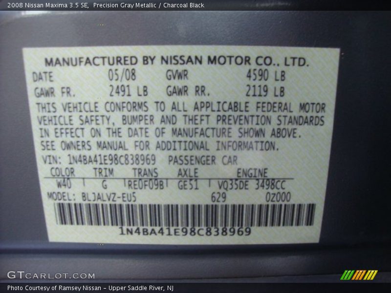 Precision Gray Metallic / Charcoal Black 2008 Nissan Maxima 3.5 SE